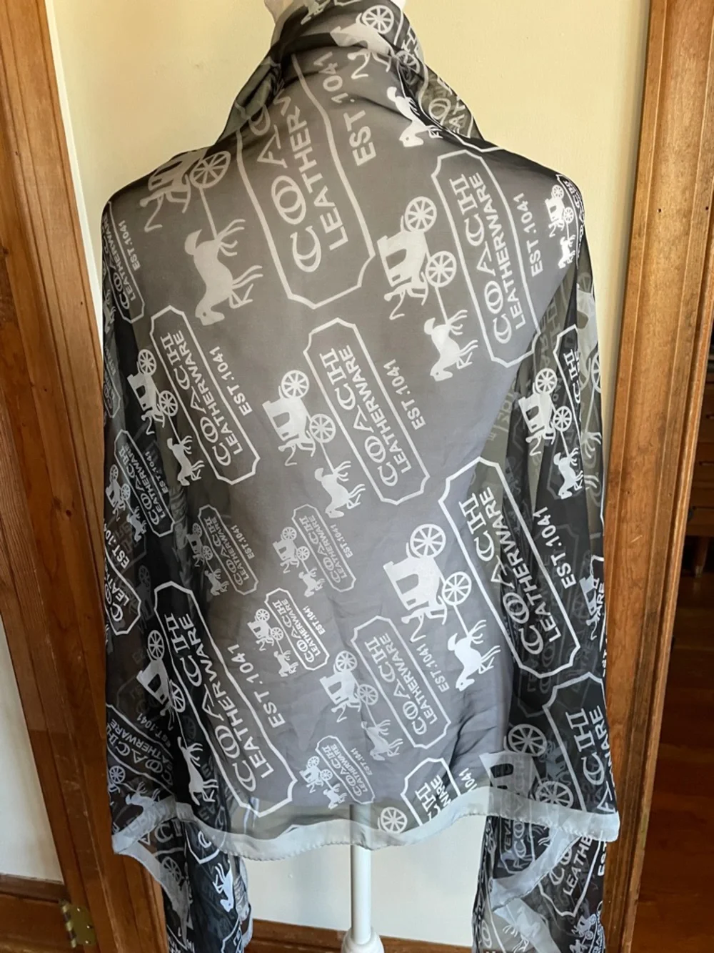 COACH Black and White Logo Horse & Carriage Print Silk Oblong Scarf